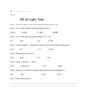 Đề ôn luyện Toán Lớp 2 - Học kỳ 1